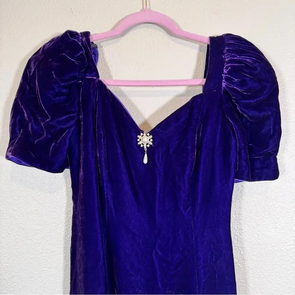 Vintage 80s Purple Velvet Puff Sleeve Mini Dress Womens 8 Fall Prom Formal Retro